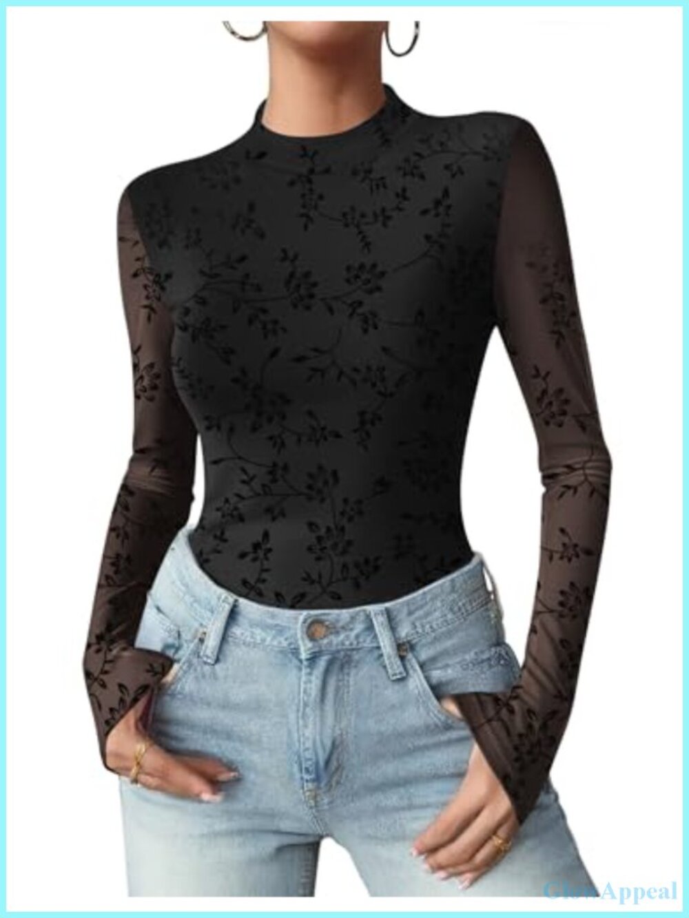 Floral Mesh Long Sleeve Mock Neck See Through Blouse